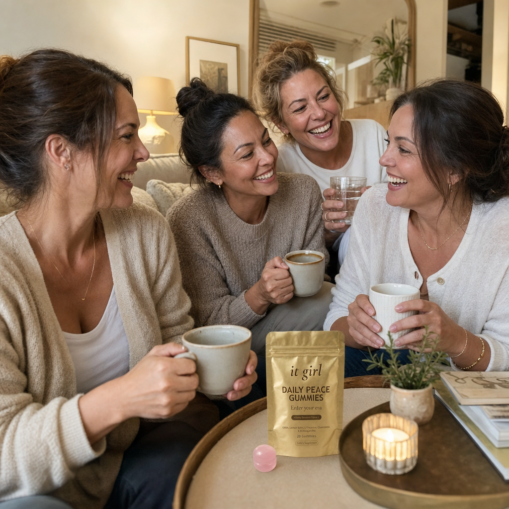 Warm candid group of relaxed women in their forties and fifties laughing together in an evening living room with tea and water, a gold It Girl Daily Peace pouch resting nearby