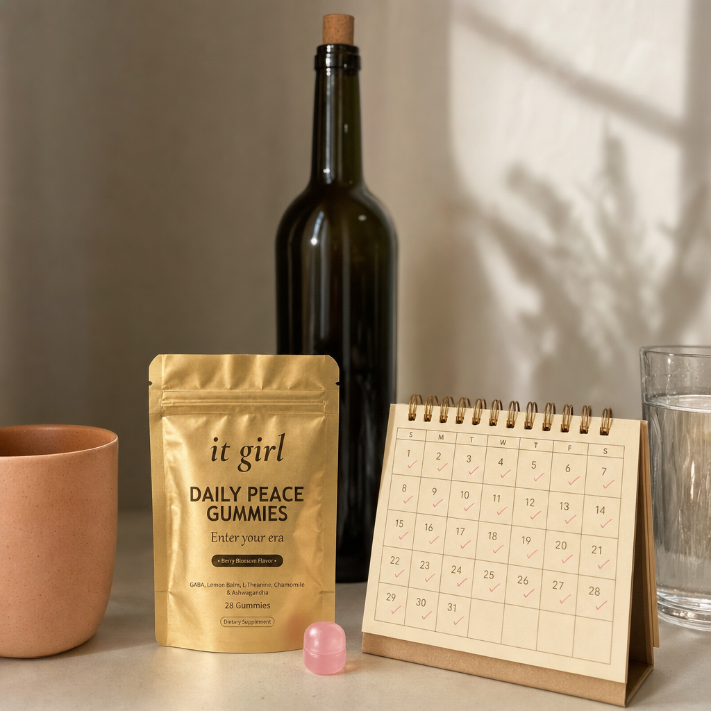 Warm still-life of the palm-sized It Girl Daily Peace pouch beside a month calendar and one corked unbranded bottle of wine, showing a whole month of calm costs less than one bottle