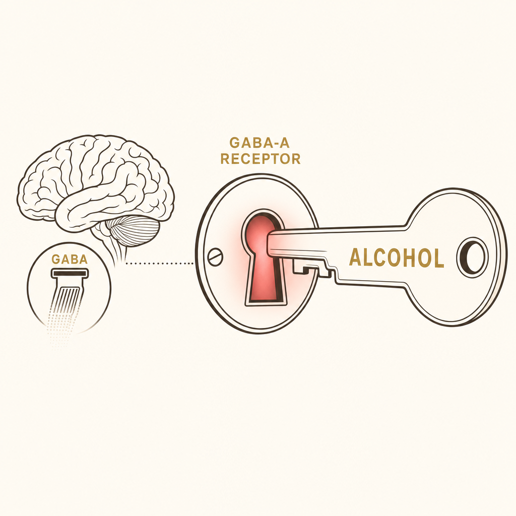 Diagram of the GABA-A receptor as a lock with alcohol as a blunt key flooding in the calm signal.