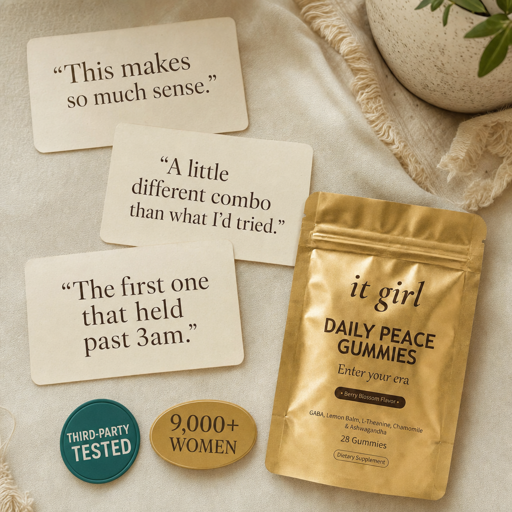 The Daily Peace pouch beside third-party-tested and 9,000-plus-women trust badges and review-style quote cards.