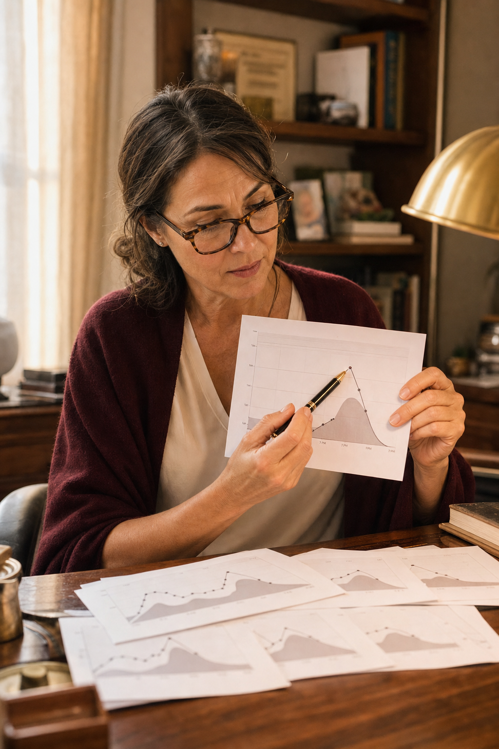 The same warm desk one beat forward, several cortisol panel printouts fanned across it under a brass lamp, each showing the identical 7pm peak in the curve, a pair of tortoiseshell reading glasses resting on top, the pattern impossible to miss, no product in frame