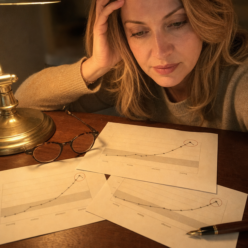 A close warm still of several overlapping cortisol panel printouts on an espresso desk, each with the same 7pm peak circled, reading glasses and a pen beside them, the repeating pattern a clinician sees every time
