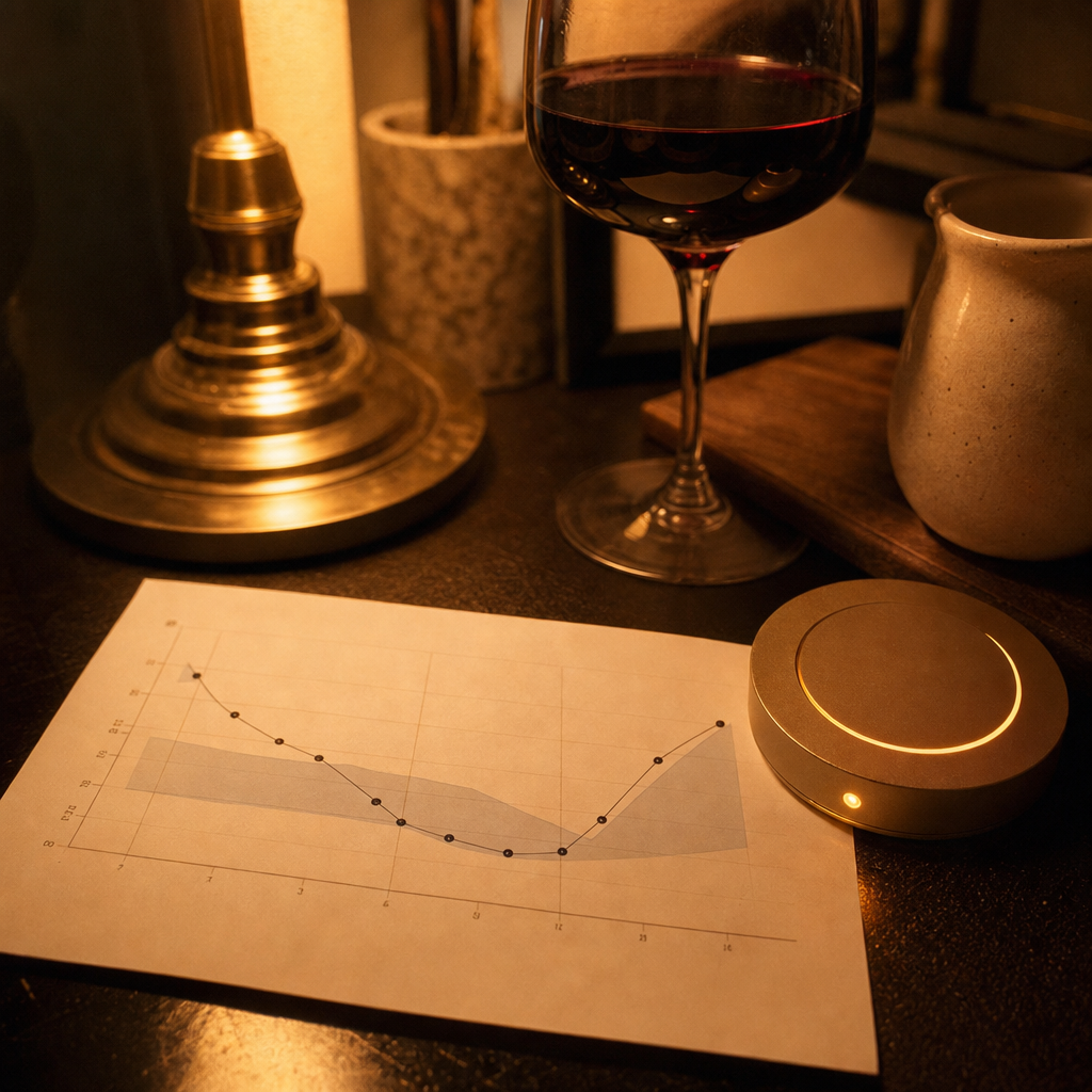 A single cortisol panel showing the 7pm peak beside a softly glowing dimmer-switch or receptor-of-light motif running low, a glass of red wine in warm side light nearby, the empty calm signal the reach was answering