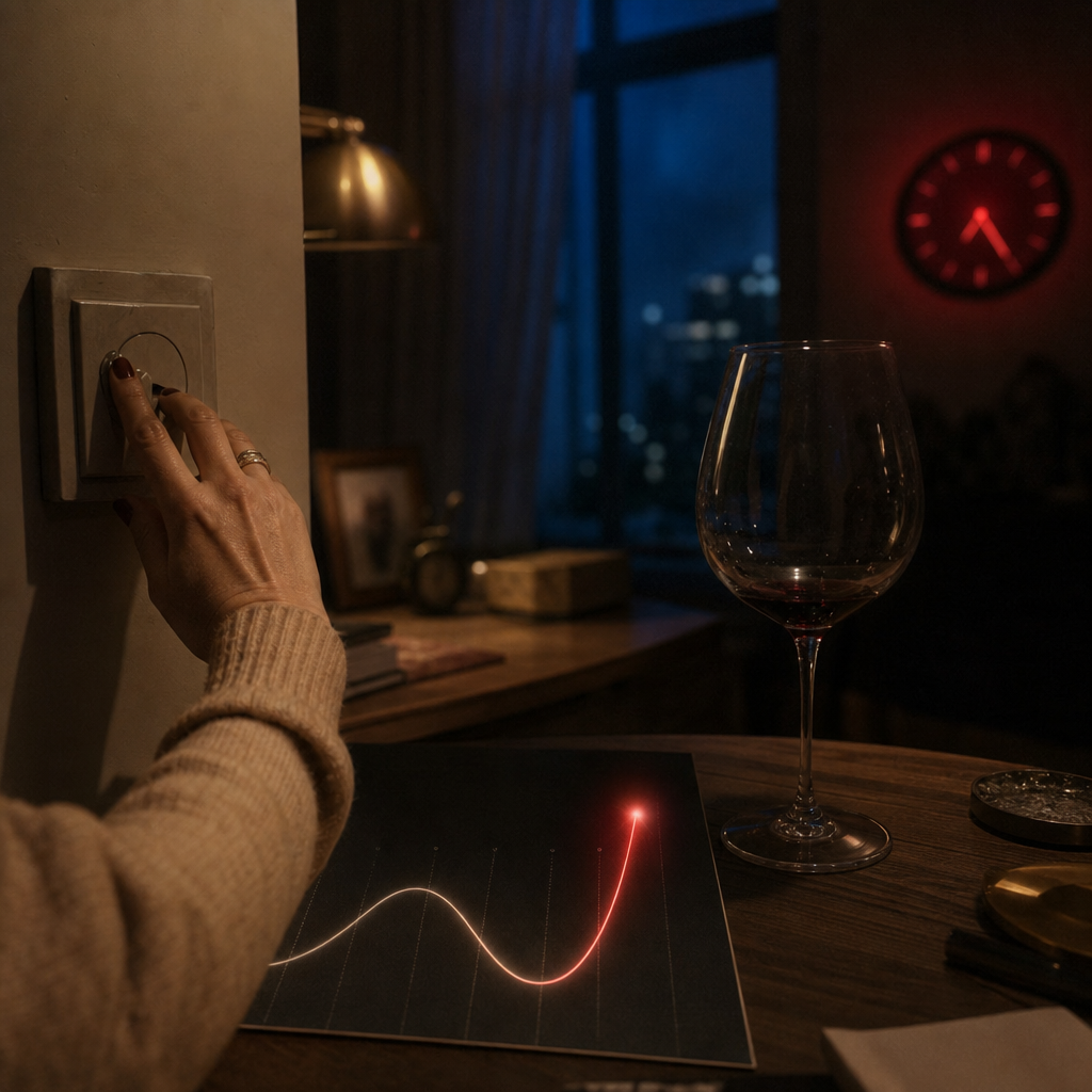 A cortisol panel curve continued into the small hours, dipping then spiking red toward a faint 3am clock, a cool accent creeping into the warm office, the rebound the 7pm panel never shows