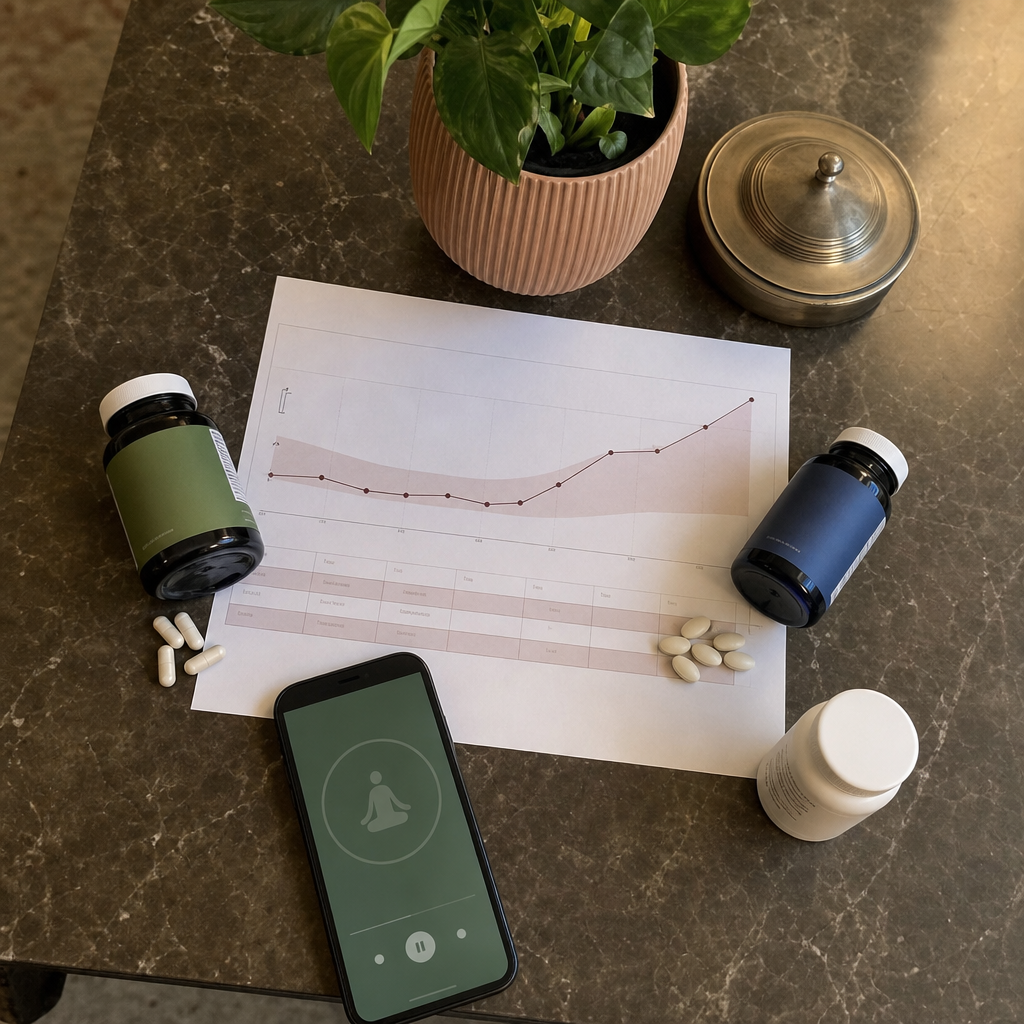 Overhead flat-lay of the swaps laid over a cortisol panel none of them changed, a magnesium bottle, a melatonin bottle, a phone with a meditation app, and an SSRI prescription bottle, no It Girl product yet