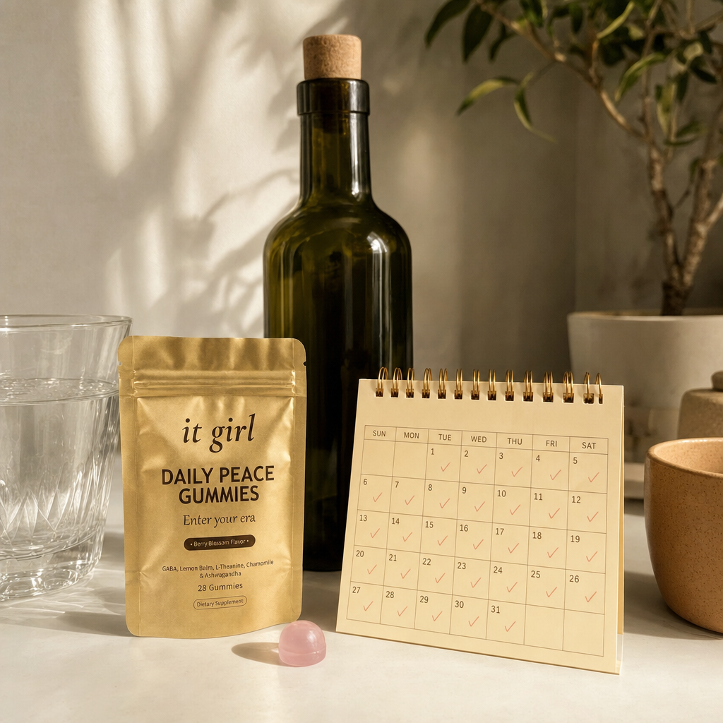 Warm still-life of the palm-sized It Girl Daily Peace pouch beside a month calendar and one corked unbranded bottle of wine, showing a whole month of calm costs less than one bottle
