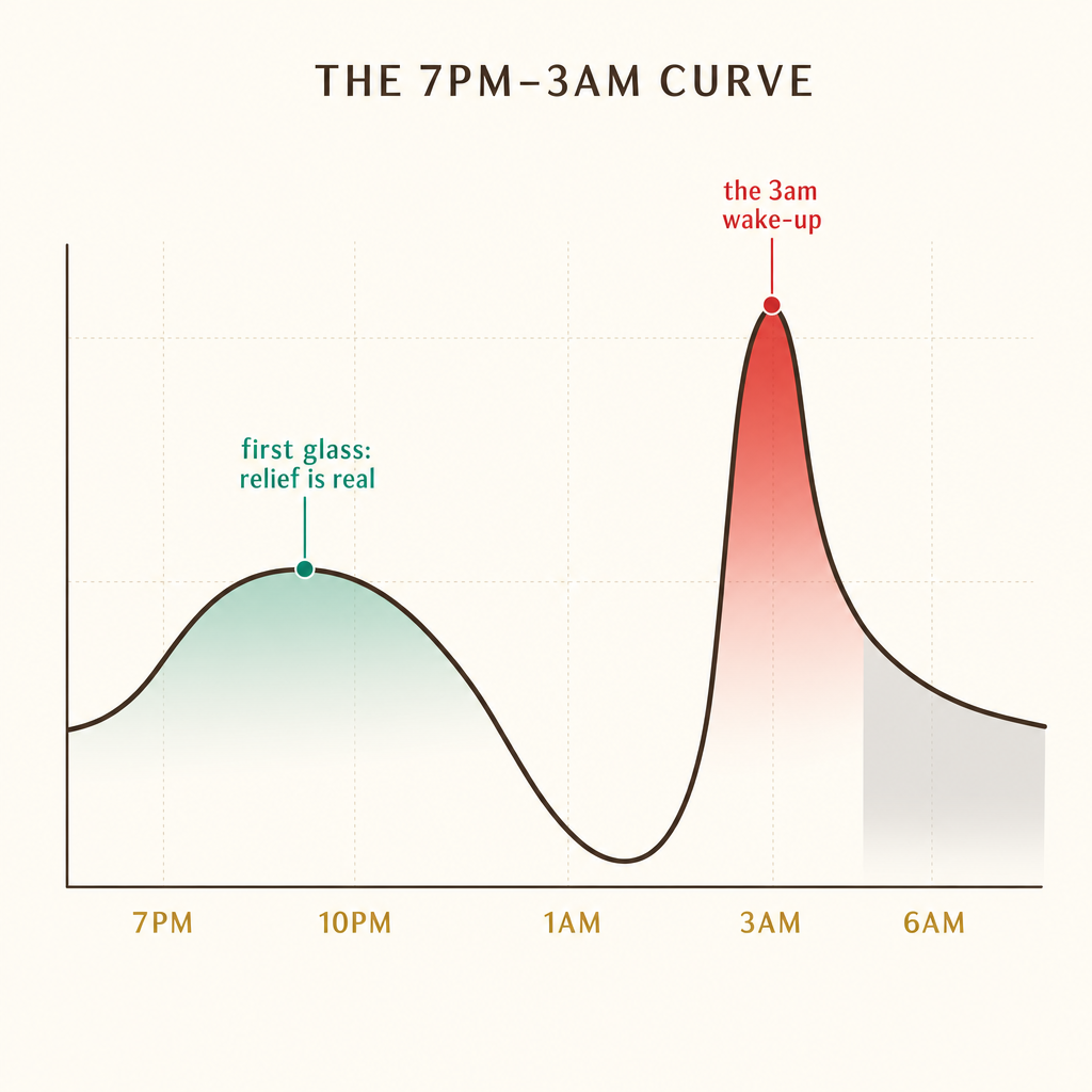 Editorial line chart of the evening calm curve rising at 7pm then rebounding into a cortisol spike between 1am and 4am.