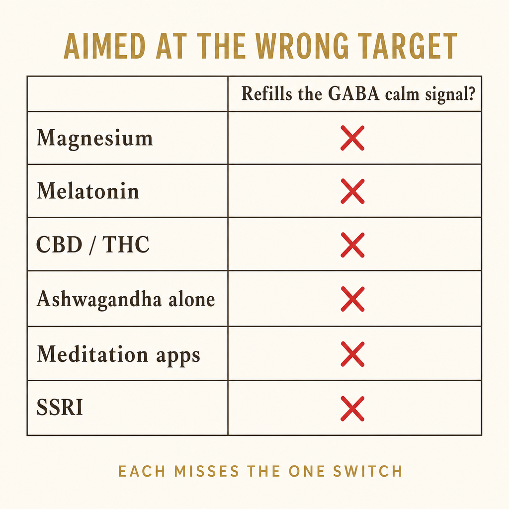 Comparison chart of magnesium, melatonin, CBD, ashwagandha alone, meditation and an SSRI, each missing the GABA calm-signal column.