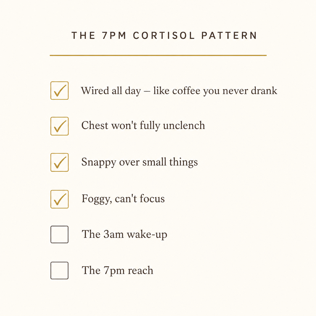 Editorial checklist card of high-cortisol evening symptoms including wired all day and the 3am wake-up.