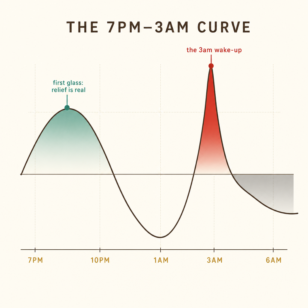 Editorial line chart of the evening calm curve rising at 7pm then rebounding into a cortisol spike between 1am and 4am.
