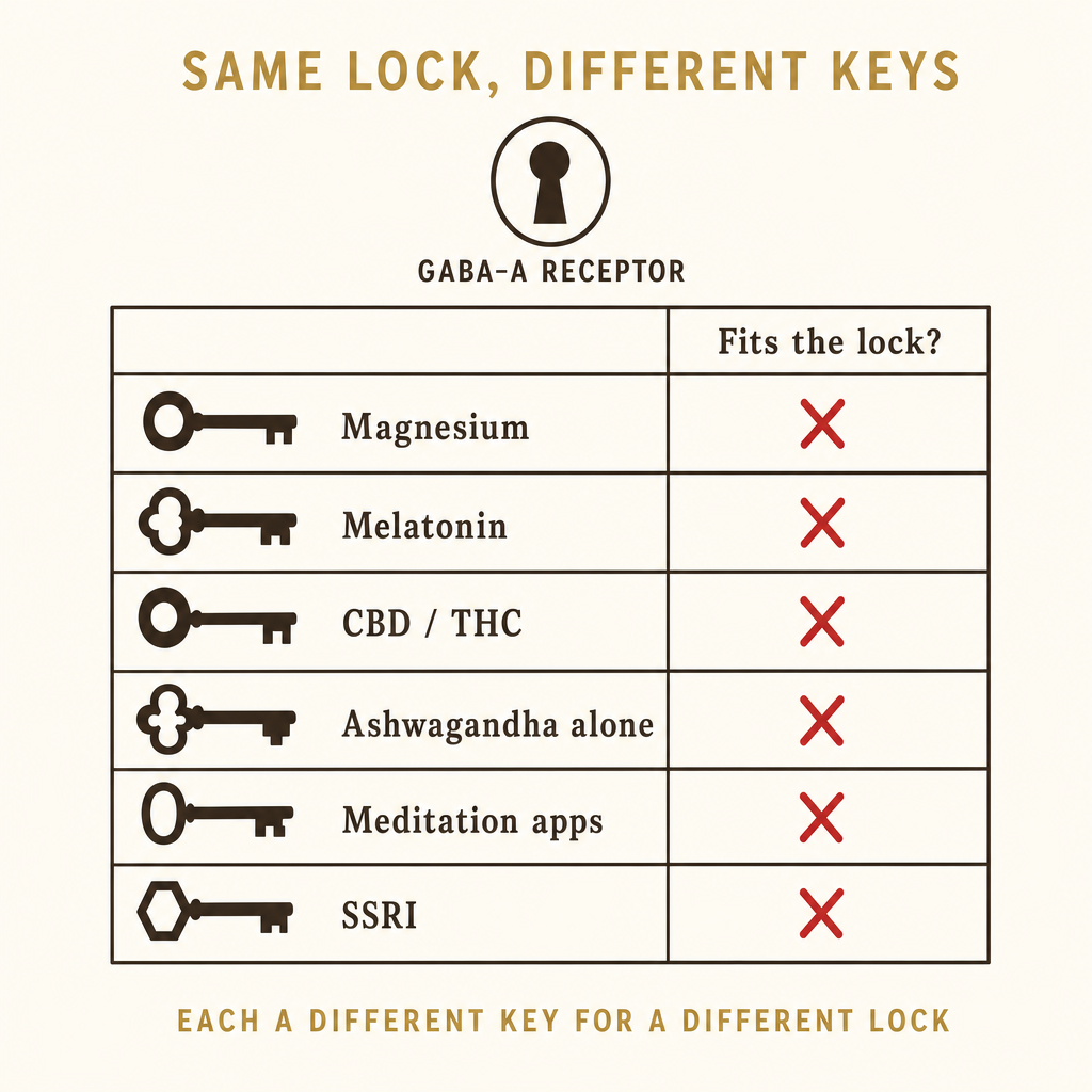 Comparison chart titled same lock different keys showing magnesium, melatonin, CBD, ashwagandha alone, meditation and an SSRI each missing the GABA calm-signal column.