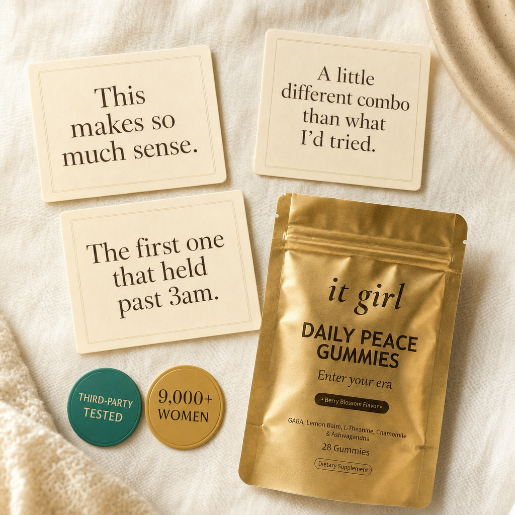 The Daily Peace pouch beside third-party-tested and 9,000-plus-women trust badges and review-style quote cards.