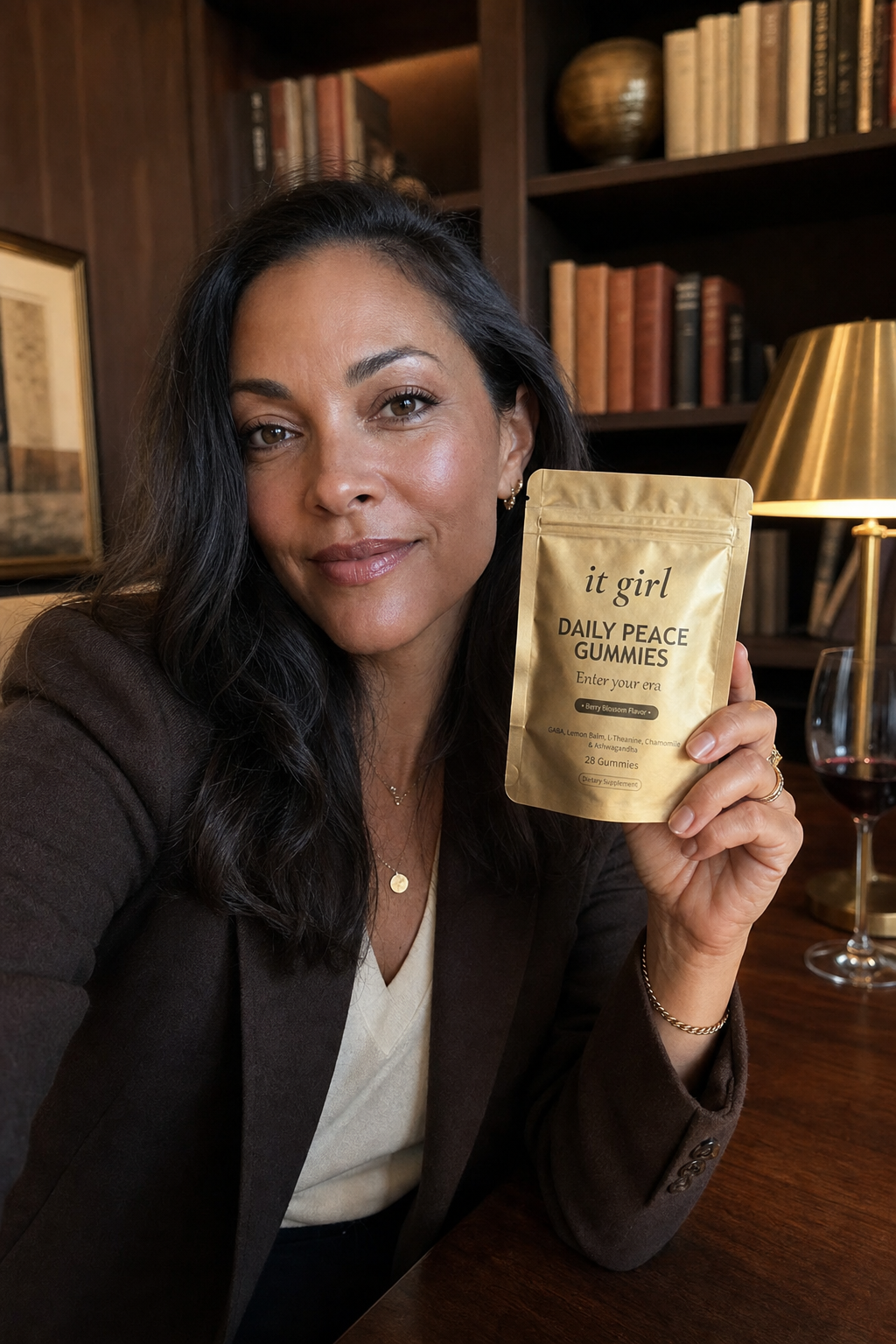 Dr. Sofia Marks at her warm office desk in the same late-afternoon light, the wine glass set aside, holding up the real matte-gold It Girl Daily Peace pouch toward the camera
