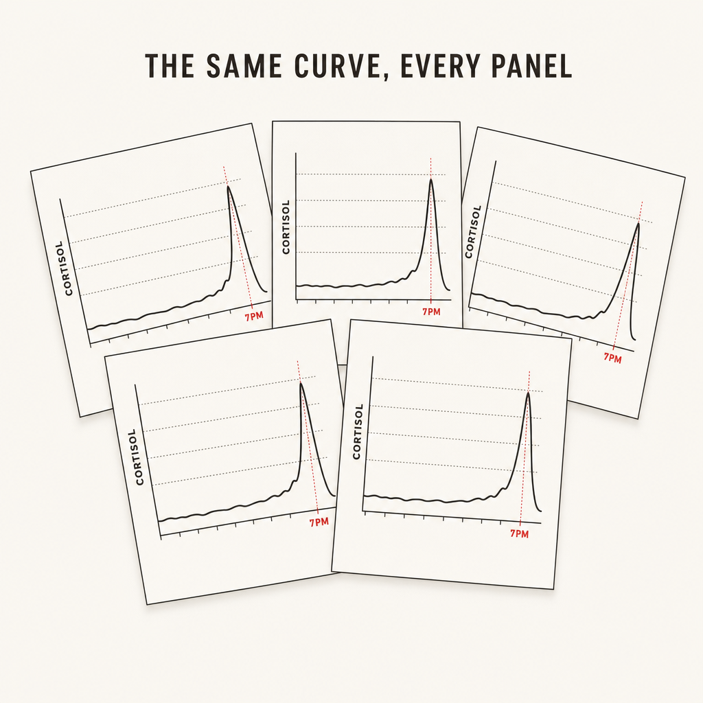 Black-and-white fan of cortisol-panel charts, each showing the same red 7pm evening spike.