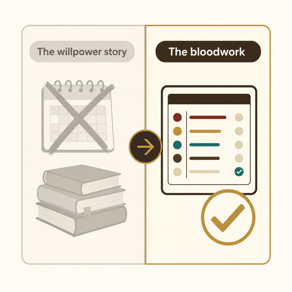 Warm editorial two-column card contrasting the faded willpower story, dry January and willpower books, against an in-focus stress panel labeled the bloodwork, no people, no product