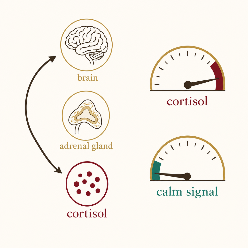 Clean editorial diagram of the HPA stress loop on cream: brain to adrenal gland to cortisol, with the calming-signal brake shown running low, no people, no product