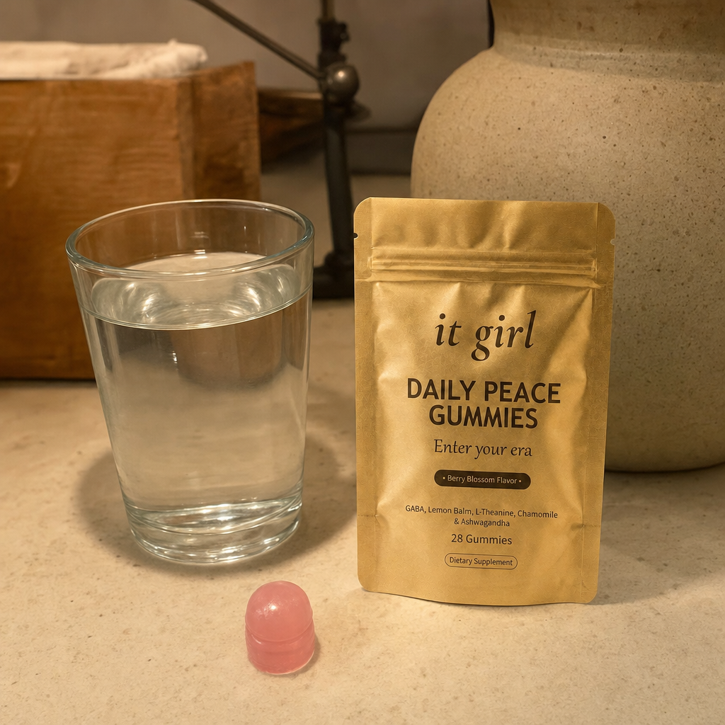 A warm honest still life on a cream counter: the real matte-gold It Girl Daily Peace pouch beside a single glass of water in calm evening light, no wine