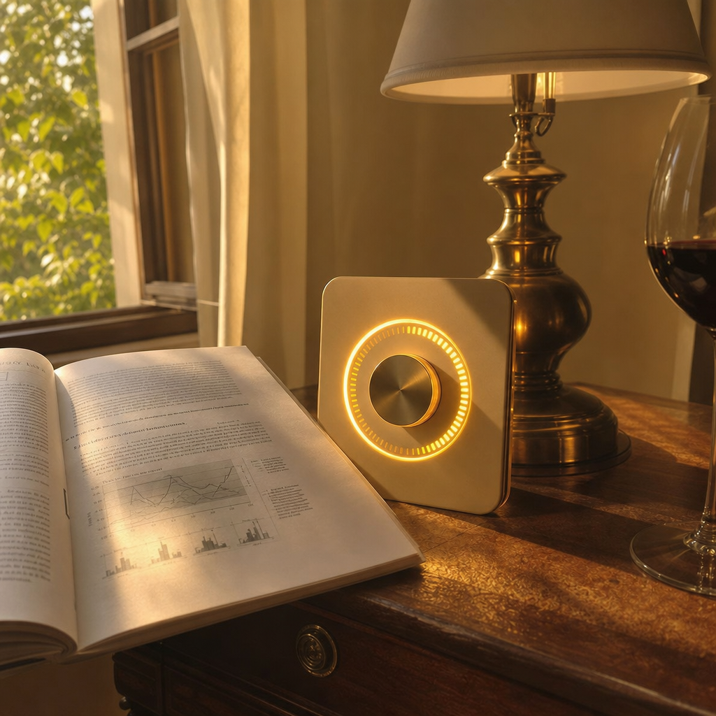 A warm reading-nook still, a soft glowing dimmer-switch receptor-of-light motif turned fully on in gold beside a low, nearly drained GABA gauge, a single glass of red wine at the edge, the calm receptor opening at 7pm