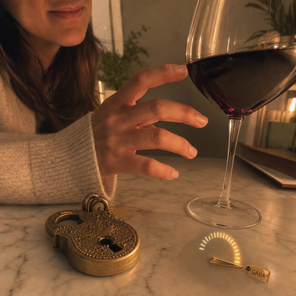 A warm golden-hour macro on cream marble, a hand with a cashmere cuff reaching for a glass of red wine while a small brass lock glows warm gold and a faint GABA gauge beside it reads nearly drained, the 7pm reach