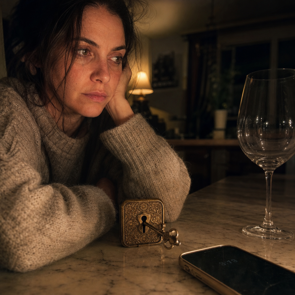 A cold pre-dawn macro, the same brass lock with a wine-shaped key jammed in it, a thin red cortisol curve rising between faint 1AM and 4AM marks, the empty wine glass to the side, the lock jammed at 3am