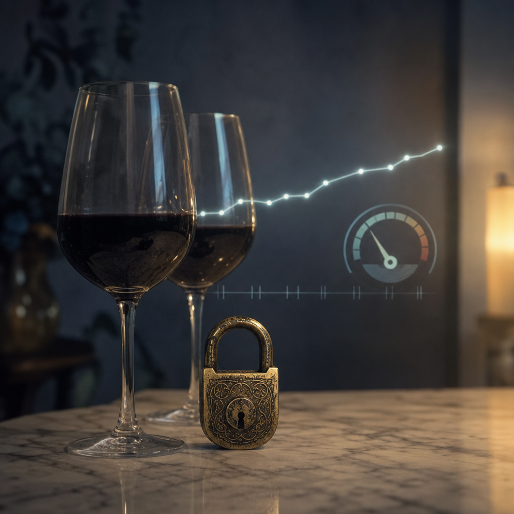 Two glasses of red wine where there was one on a cool marble counter, the brass lock visibly worn and stiff, a faint baseline line climbing higher night over night, the cost compounding in one direction