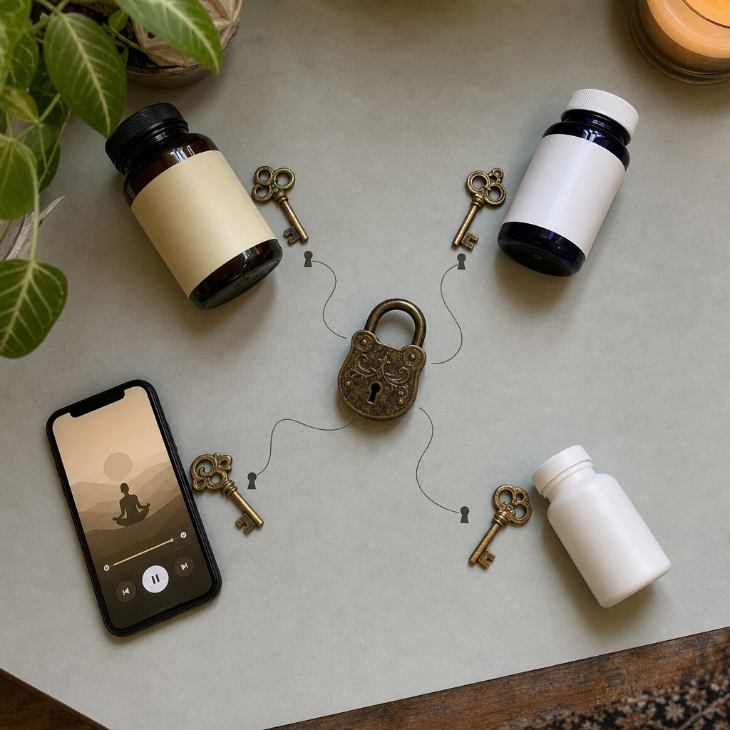 Overhead flat-lay of keys that do not fit, a magnesium bottle, a melatonin bottle, a phone showing a meditation app, and an unlabeled prescription bottle, each beside a different keyhole, none of them turning the central warm-gold lock, no product