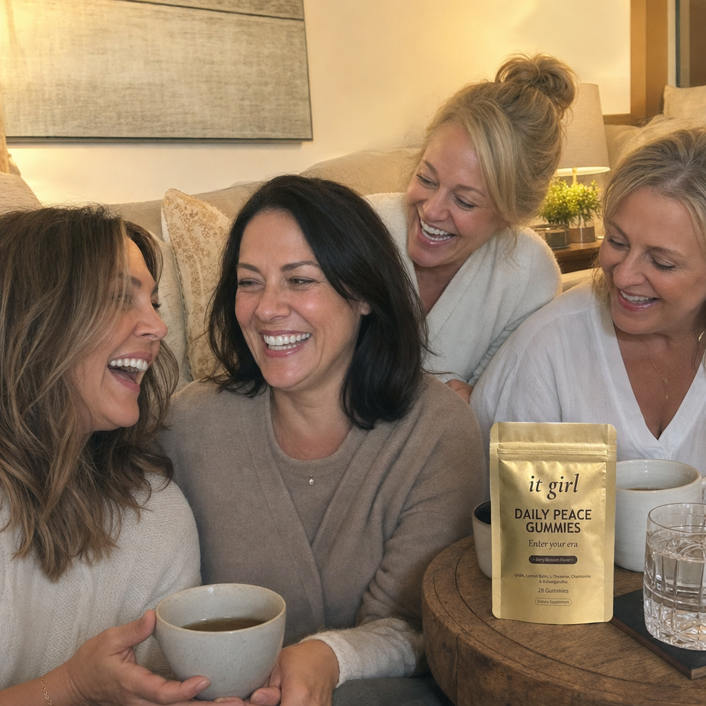 Warm candid group of relaxed women in their forties and fifties laughing together in an evening living room with tea and water, a gold It Girl Daily Peace pouch resting nearby