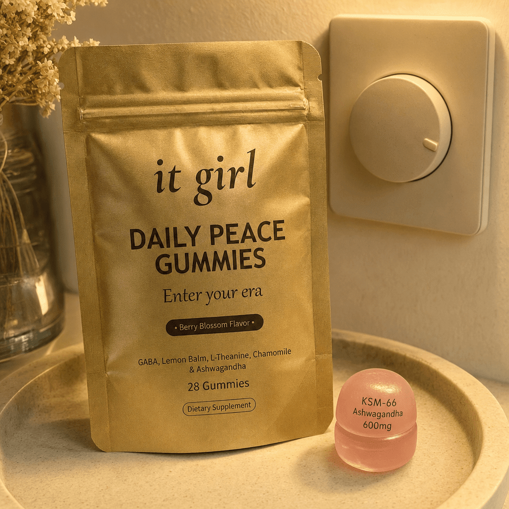 Warm still life of the Daily Peace pouch with a KSM-66 Ashwagandha 600mg dose chip and a dimmer easing back on at dusk, the cortisol layer underneath