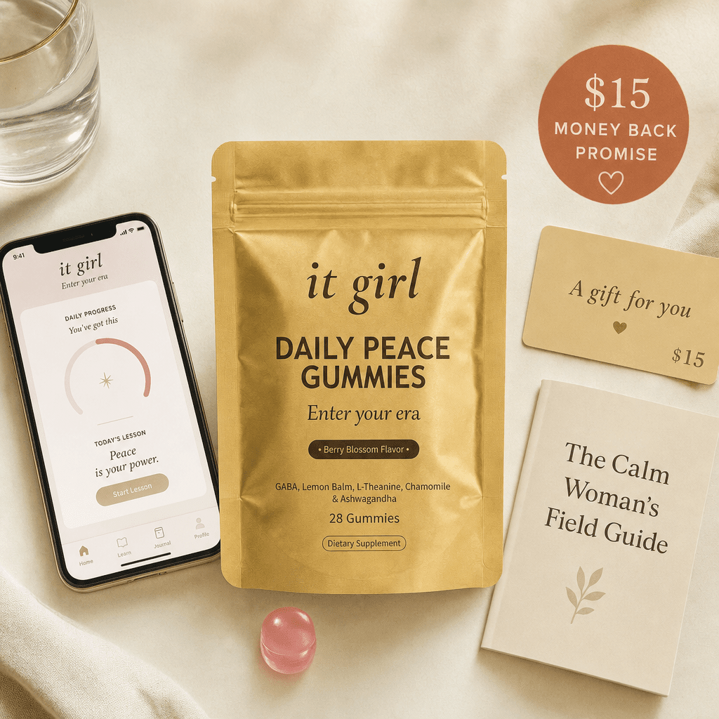 Daily Peace bundle on cream: pouch, It Girl app, $15 gift card, Calm Woman's Field Guide, warm-clay price and guarantee badge, no wine
