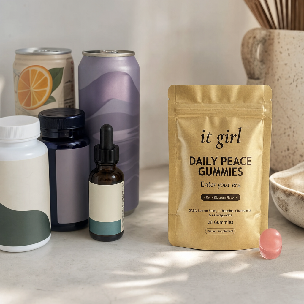 A warm still-life comparison, the abandoned wine swaps and calm-aisle bottles of magnesium melatonin and CBD grouped and faded on the left, the real gold Daily Peace pouch in warm focus on the right as the one that reaches both layers