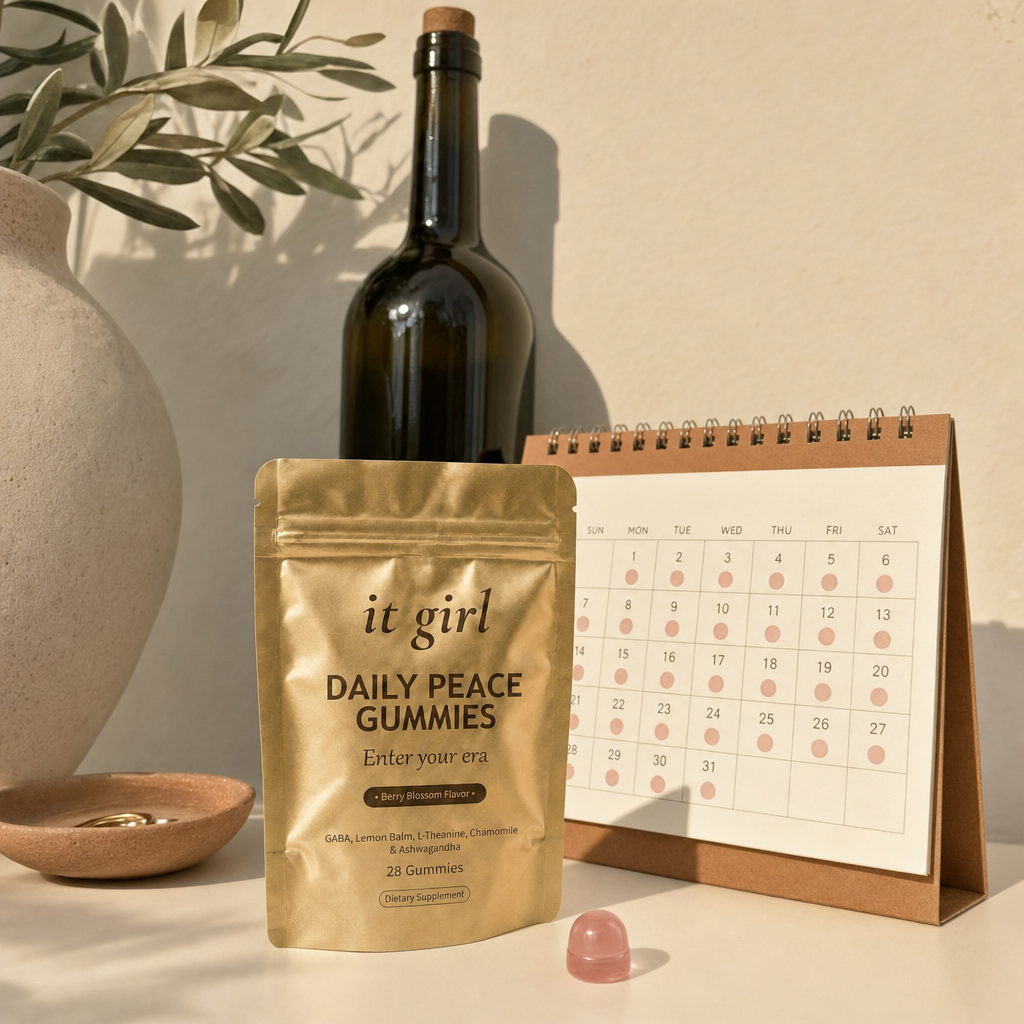 The palm-sized It Girl Daily Peace pouch beside a month calendar and one plain unbranded bottle of wine, a whole month of calm shown to cost less than a single bottle