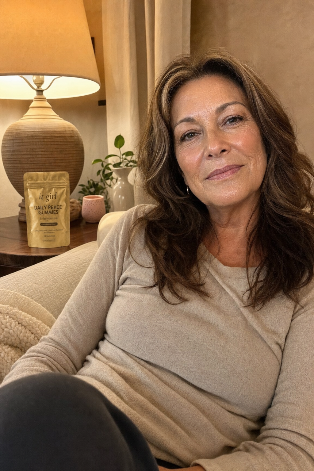 A calm woman in her late fifties at ease on her couch on an ordinary evening, laptop closed, the real matte gold It Girl Daily Peace pouch resting on the side table beside her, the reach finally quiet