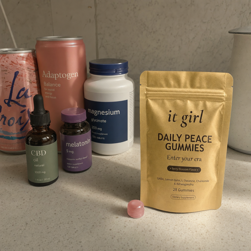 A warm still-life comparison, the abandoned wine swaps and calm-aisle bottles of magnesium melatonin and CBD grouped and faded on the left, the real gold Daily Peace pouch in warm focus on the right as the one that reaches both layers