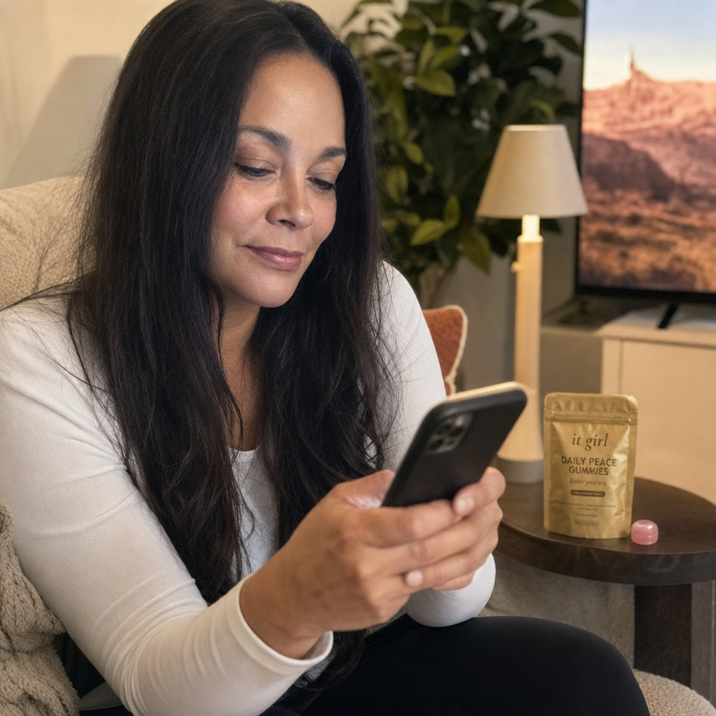A calm woman in her late fifties on her couch on an ordinary Tuesday evening, phone in hand writing a note by warm lamplight, a documentary glowing softly, the gold Daily Peace pouch on the side table, the reach finally quiet