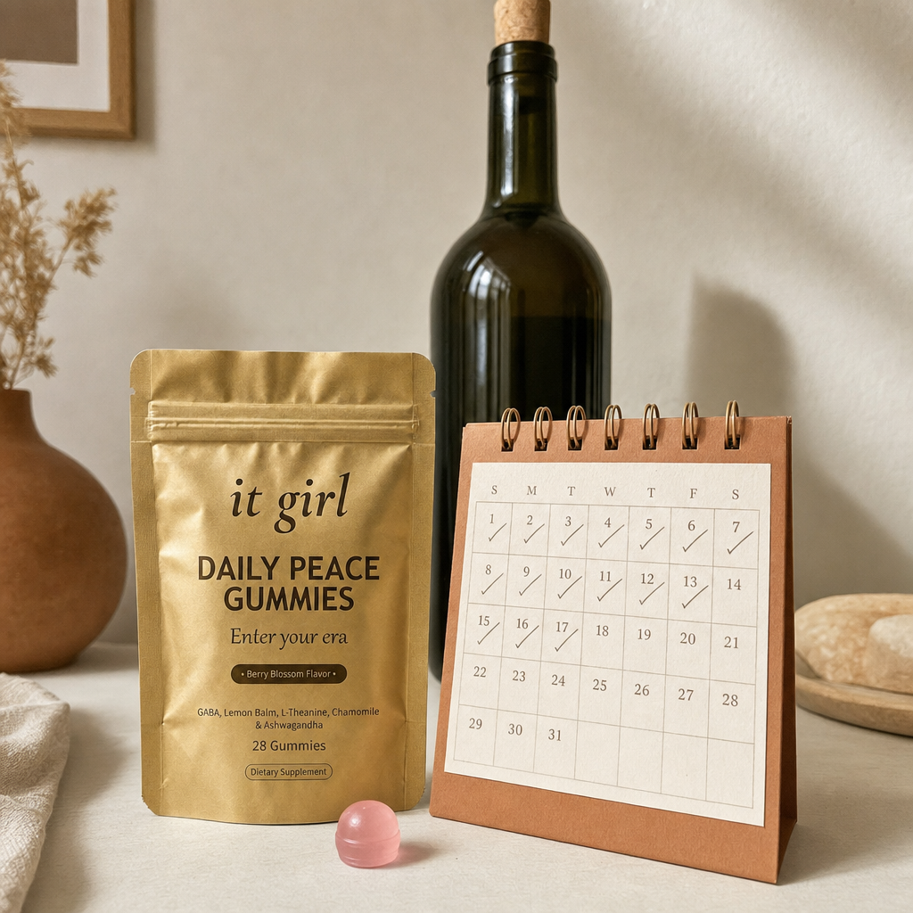The palm-sized It Girl Daily Peace pouch beside a month calendar and one plain unbranded bottle of wine, a whole month of calm shown to cost less than a single bottle