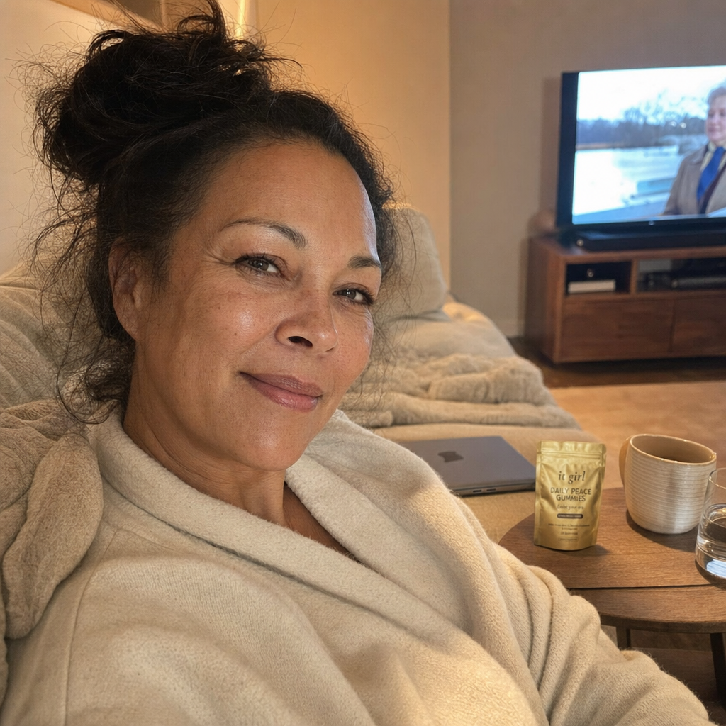 Woman in her fifties relaxed on her couch in the early evening, laptop closed, calm and present, the gold Daily Peace pouch resting nearby