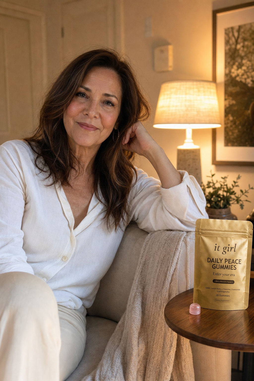 A calm woman in her late fifties at ease on her couch on an ordinary evening, laptop closed, the real matte gold It Girl Daily Peace pouch resting on the side table beside her, the reach finally quiet