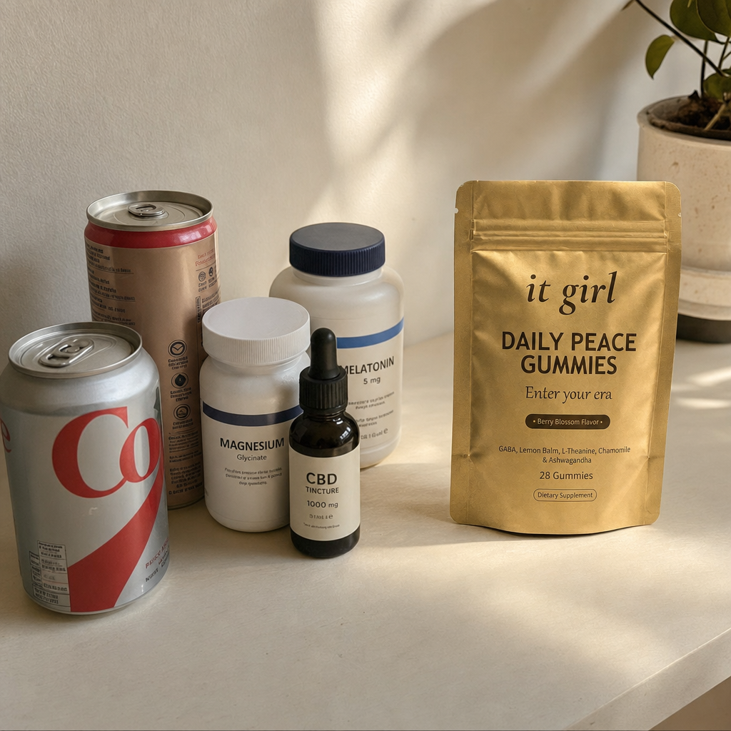 A warm still-life comparison, the abandoned wine swaps and calm-aisle bottles of magnesium melatonin and CBD grouped and faded on the left, the real gold Daily Peace pouch in warm focus on the right as the one that reaches both layers