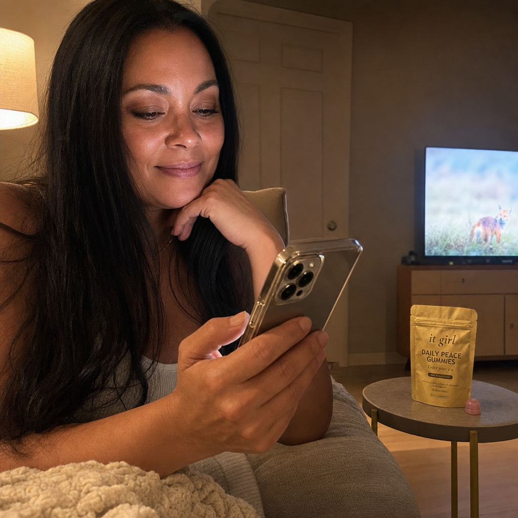 A calm woman in her late fifties on her couch on an ordinary Tuesday evening, phone in hand writing a note by warm lamplight, a documentary glowing softly, the gold Daily Peace pouch on the side table, the reach finally quiet