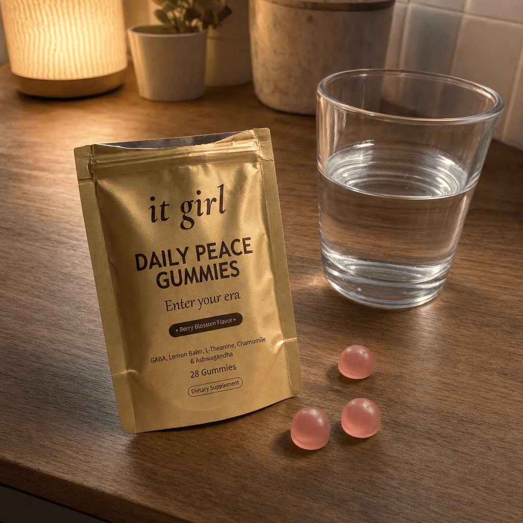 The opened matte gold It Girl Daily Peace pouch with two pink gummies and a glass of water on a warm counter under a dimmed lamp, the calm off-switch handed back directly