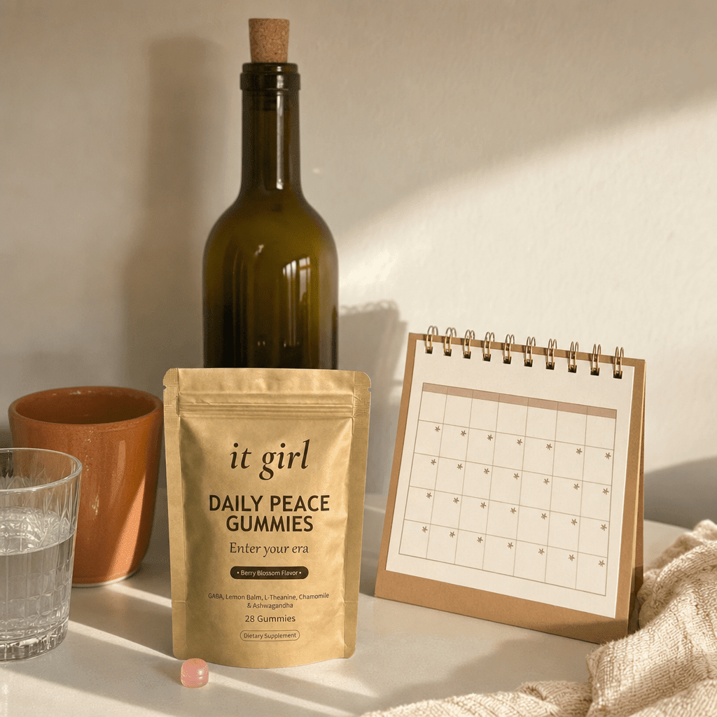 The palm-sized gold It Girl Daily Peace pouch and a month calendar beside one plain corked bottle of wine on cream, a whole month of calm for less than one bottle