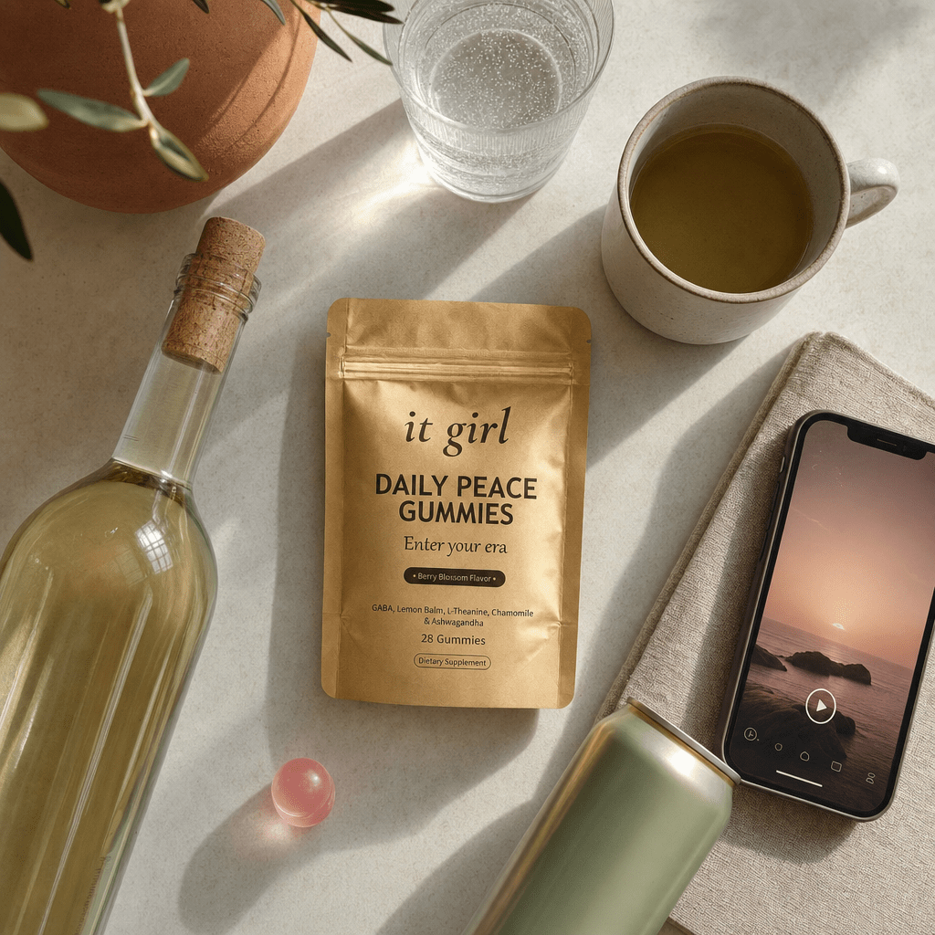 Overhead flat-lay of the abandoned swaps, a corked alcohol-free wine bottle, an adaptogen drink can, sparkling water, cold tea and a meditation app, with the gold Daily Peace pouch chosen forward