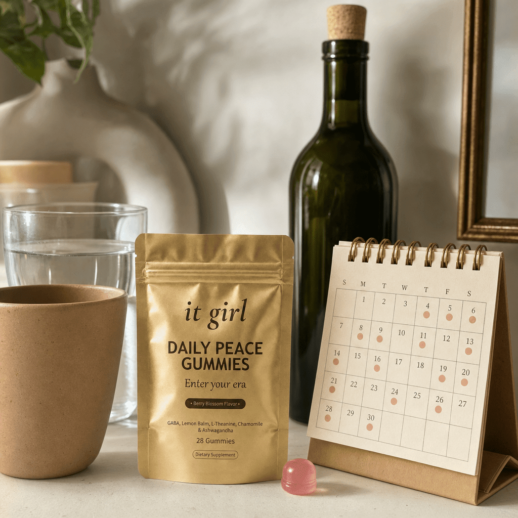 The palm-sized gold Daily Peace pouch and a month calendar beside a single unbranded bottle of wine, showing a whole month of calm costs less than one bottle