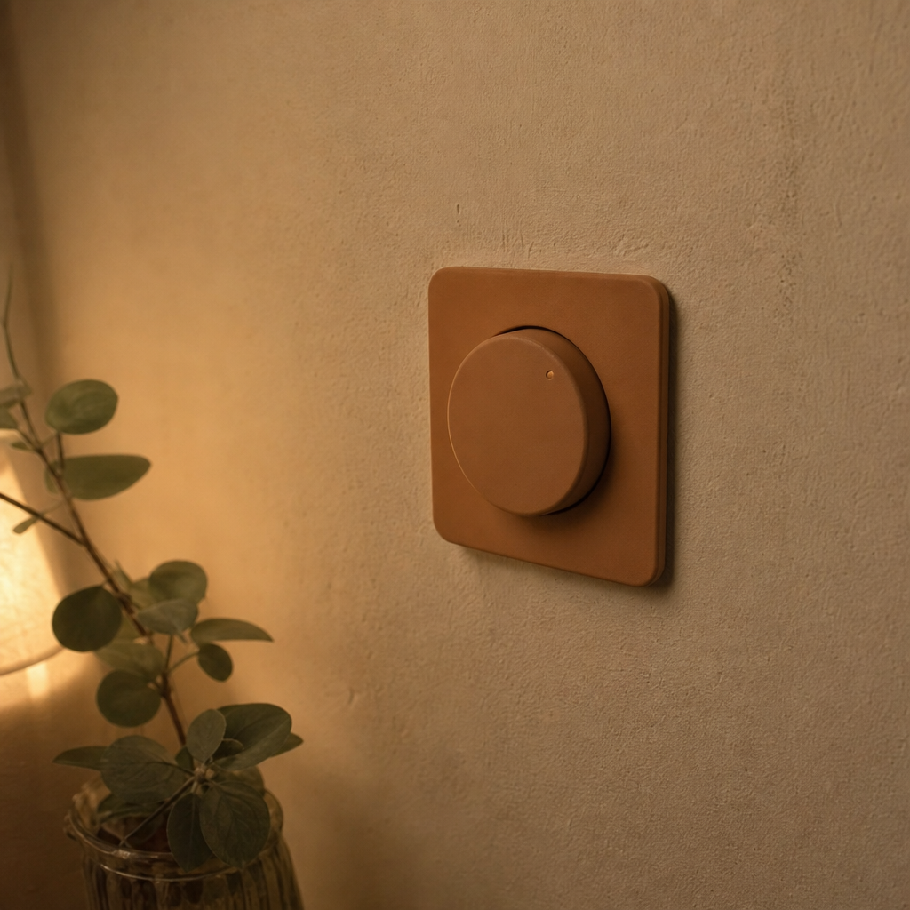 Warm-clay dimmer dial turned low at dusk, the off-switch easing back on after being drained