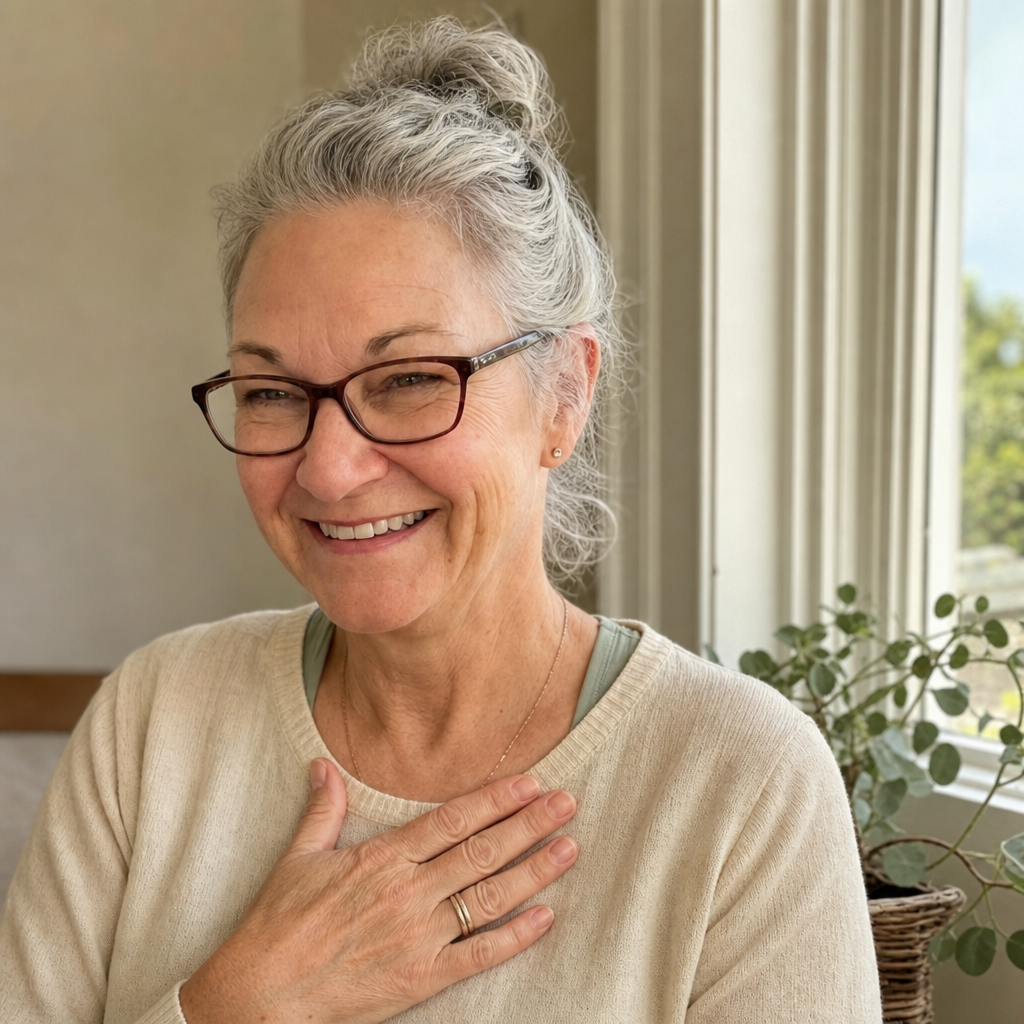 Woman about sixty at a window, hand on her chest, self-compassionate, she stopped blaming herself
