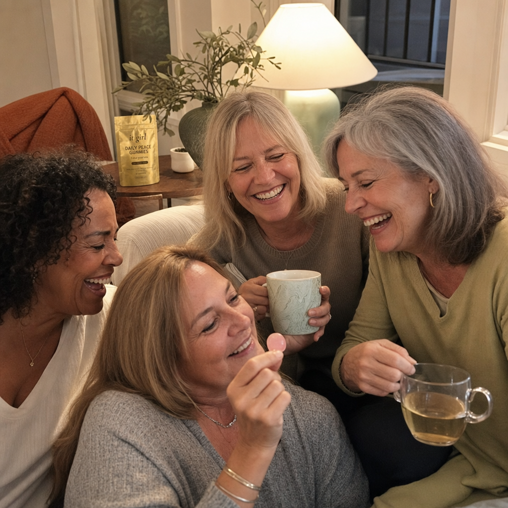 Relaxed group of women 50 to 65 with tea and water, present and laughing, no wine, not the only one