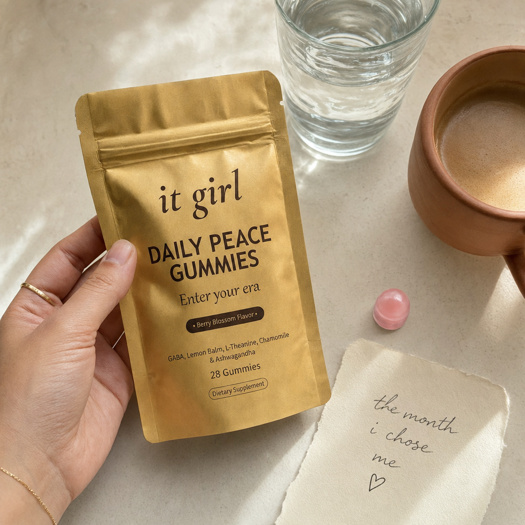 Daily Peace pouch beside a calm note and a glass of water, less than a bottle of good wine, a month of calm