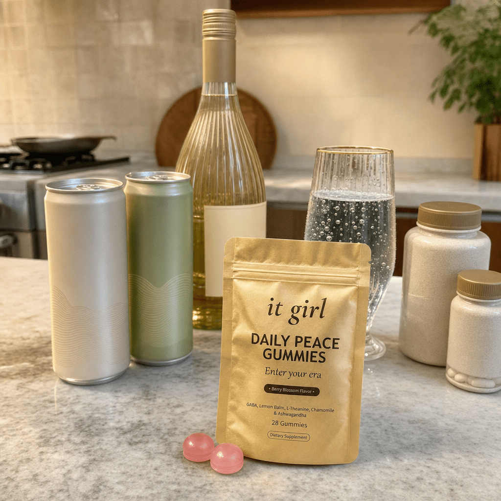The abandoned sober-curious swaps on a counter, alcohol-free wine, adaptogen drinks, sparkling water, magnesium and melatonin, with the gold Daily Peace pouch standing apart as the one that worked