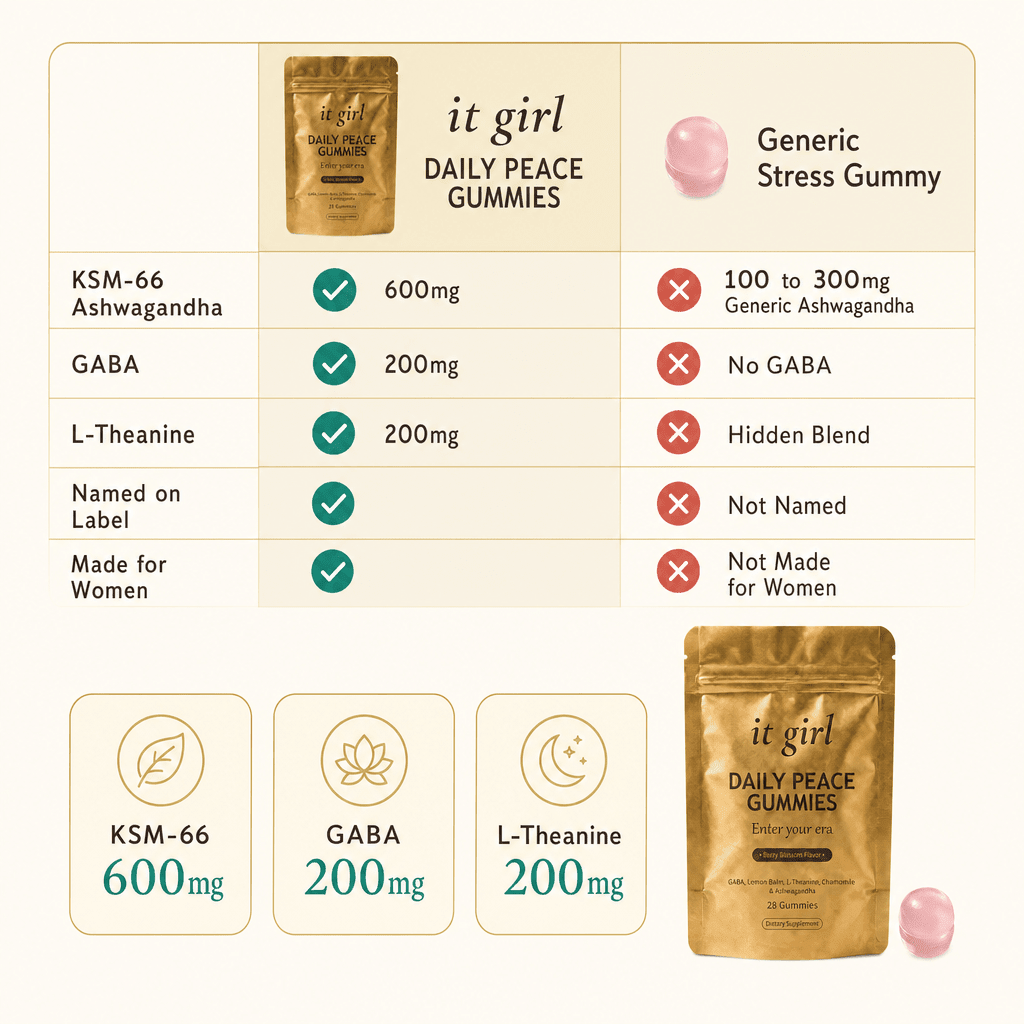 A clean comparison chart with the It Girl Daily Peace column earning all green checks against a generic gummy column of red X's, beside dose cards KSM-66 600mg, GABA 200mg, L-Theanine 200mg