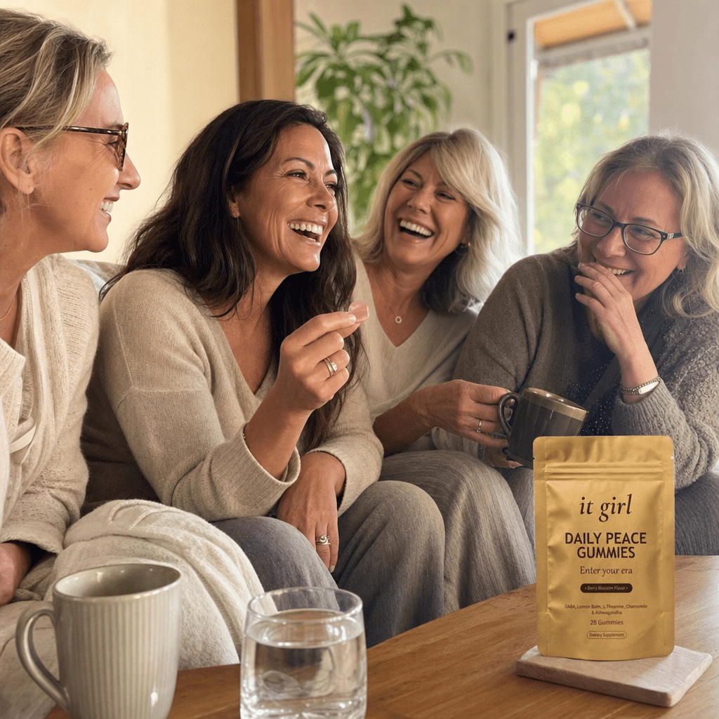 A warm candid group of women aged fifty to sixty-five laughing together with tea and water, the gold Daily Peace pouch resting nearby, not the only one